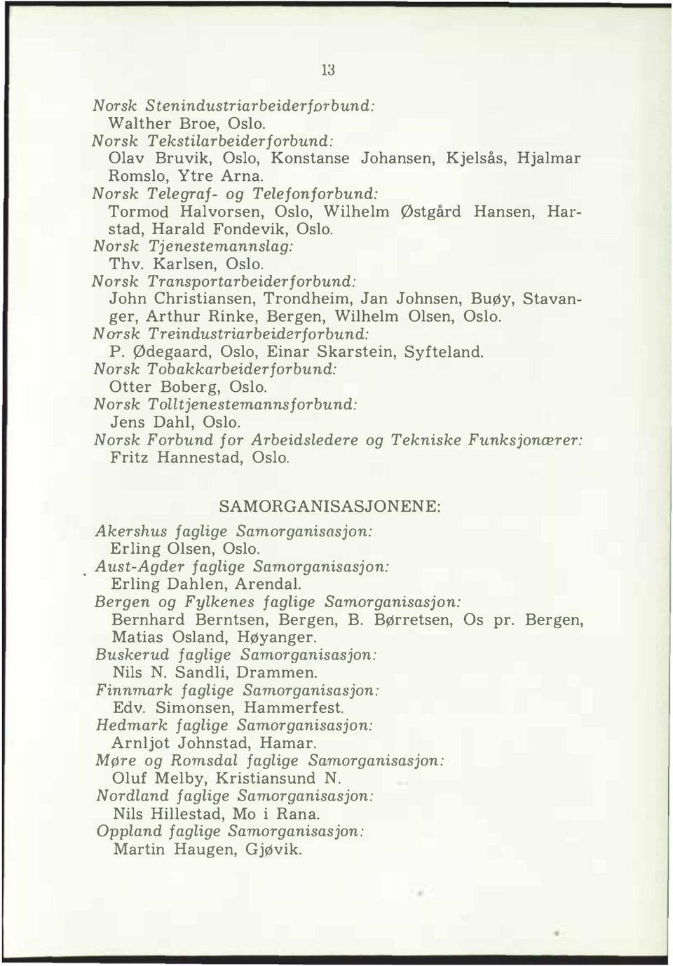 Norsk Transportarbeiderforbund: John Christiansen, Trondheim, Jan Johnsen, BuØY, Stavanger, Arthur Rinke, Bergen, Wihem Osen, Oso. Norsk Treindustriarbeiderforbund: P.