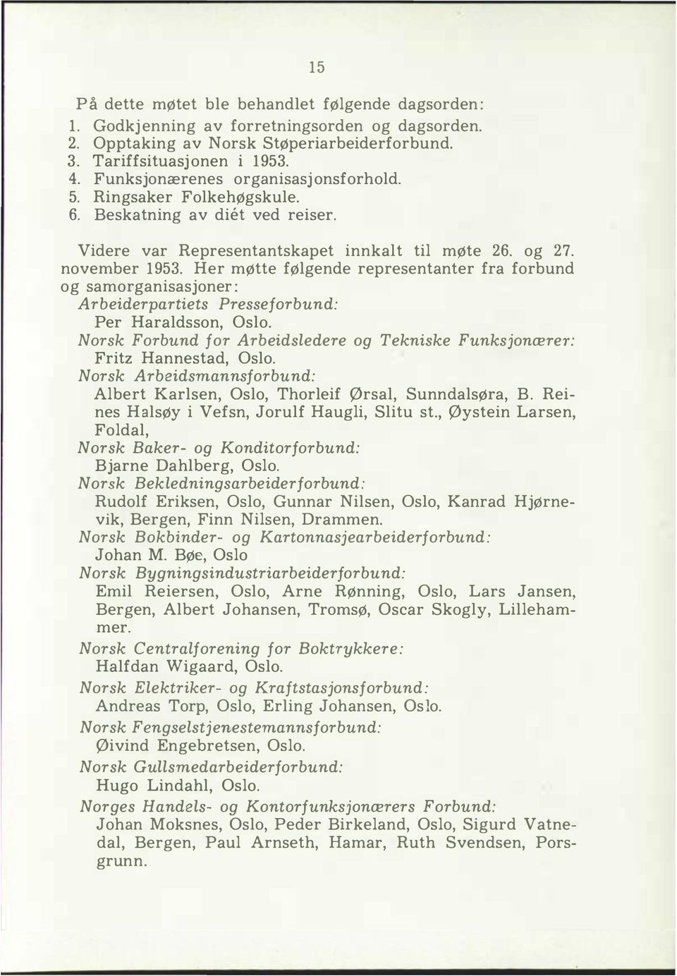 Her møtte føgende representanter fra forbund og samorganisasjoner: Arbeiderpartiets Presseforbund: Per Haradsson, Oso. Norsk Forbund for Arbeidsedere og Tekniske Funksjonære1': Fritz Hannestad, Oso.