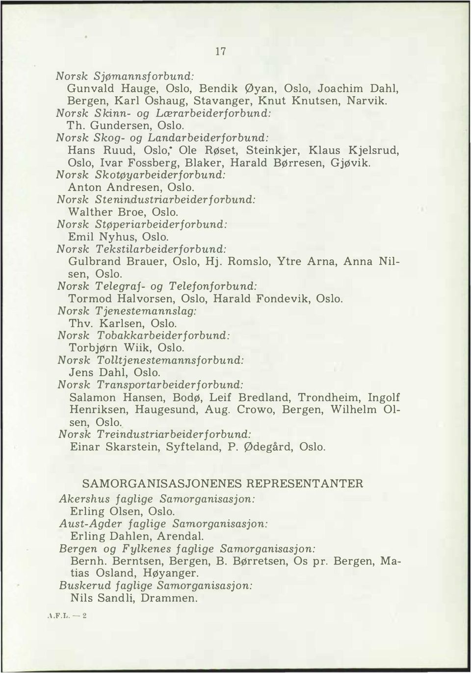 Norsk Stenindustriarbeiderforbund: Wather Broe, Oso. Norsk Støperiarbeiderforbund: Emi Nyhus, Oso. Norsk Tekstiarbeiderforbund: Gubrand Brauer, Oso, Hj. Romso, Ytre Arna, Anna Nisen, Oso.