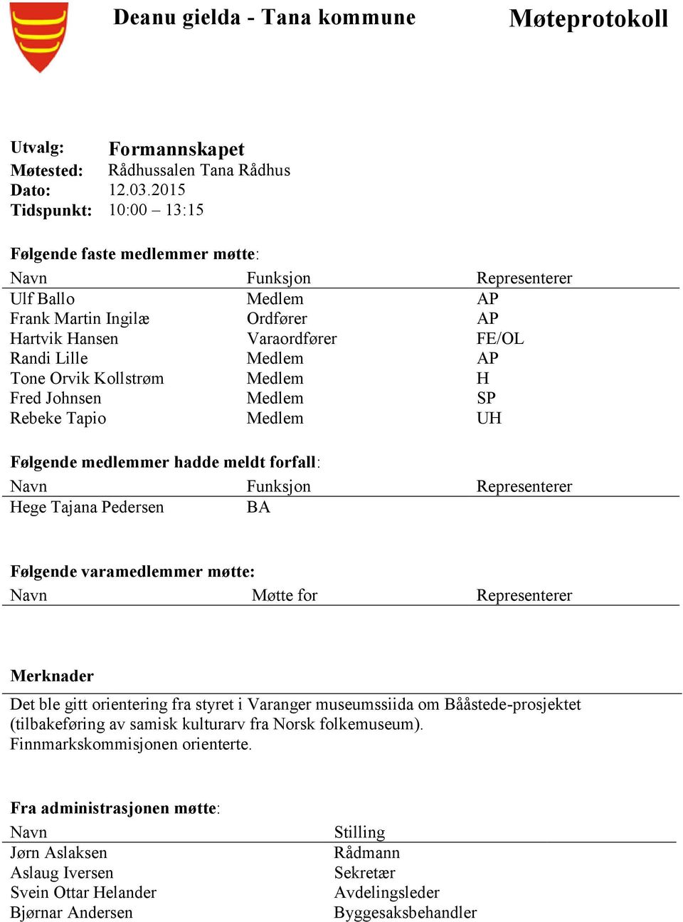 Tone Orvik Kollstrøm Medlem H Fred Johnsen Medlem SP Rebeke Tapio Medlem UH Følgende medlemmer hadde meldt forfall: Navn Funksjon Representerer Hege Tajana Pedersen BA Følgende varamedlemmer møtte: