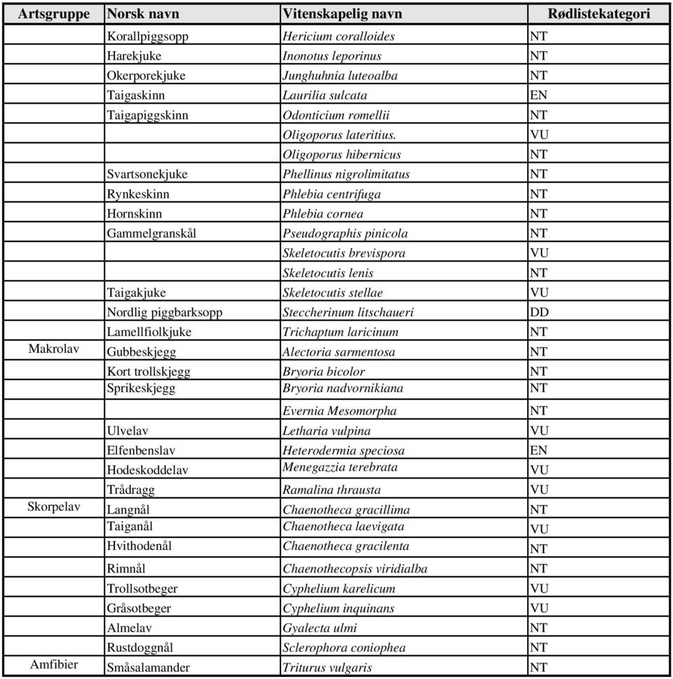 Oligoporus hibernicus Svartsonekjuke Phellinus nigrolimitatus NT Rynkeskinn Phlebia centrifuga NT Hornskinn Phlebia cornea NT Gammelgranskål Pseudographis pinicola NT Skeletocutis brevispora