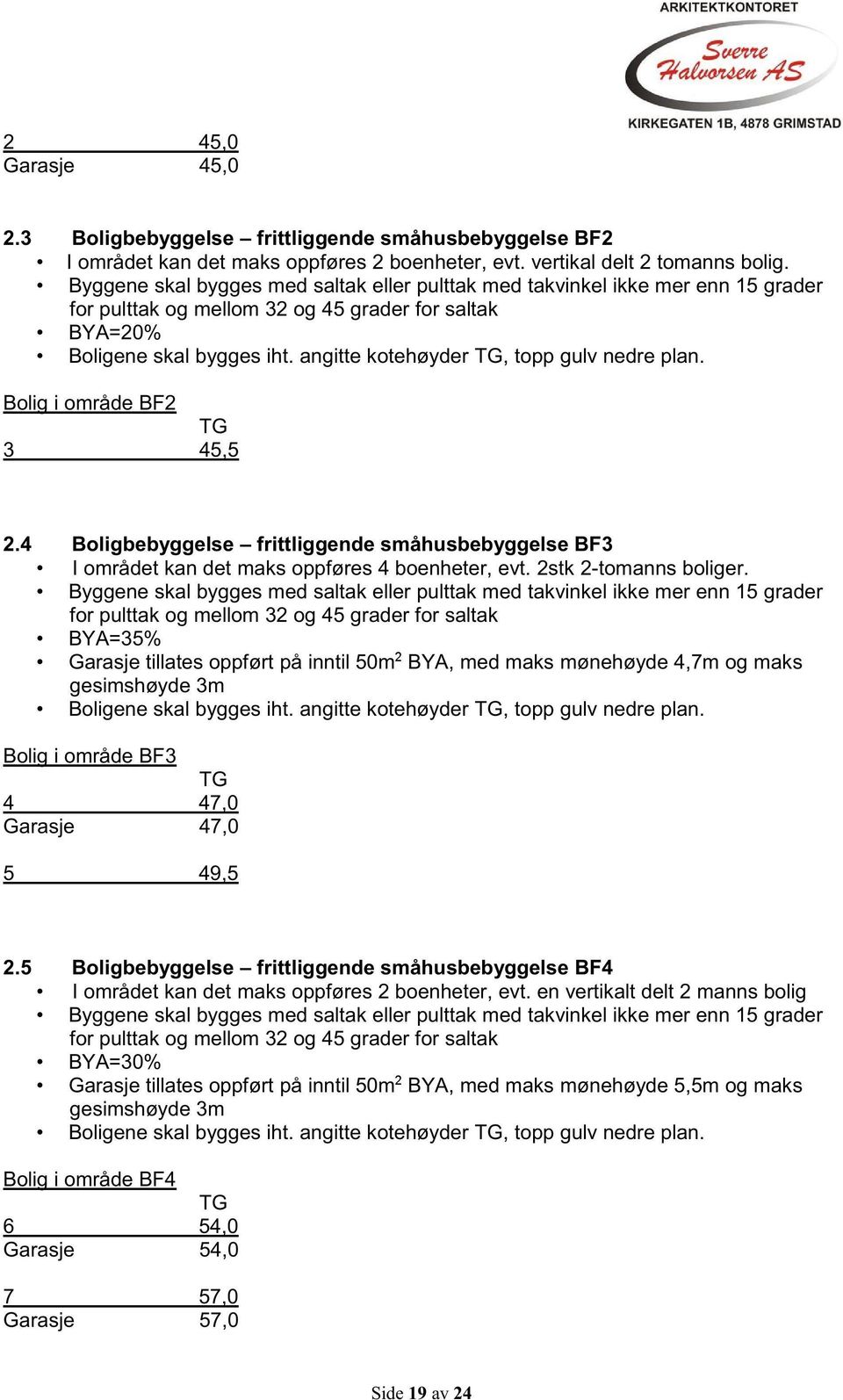 angitte kotehøyder TG, topp gulv nedre plan. Bolig i område BF2 TG 3 45,5 2.4 Boligbebyggelse frittliggende småhusbebyggelse BF3 I området kan det maks oppføres 4 boenheter, evt.