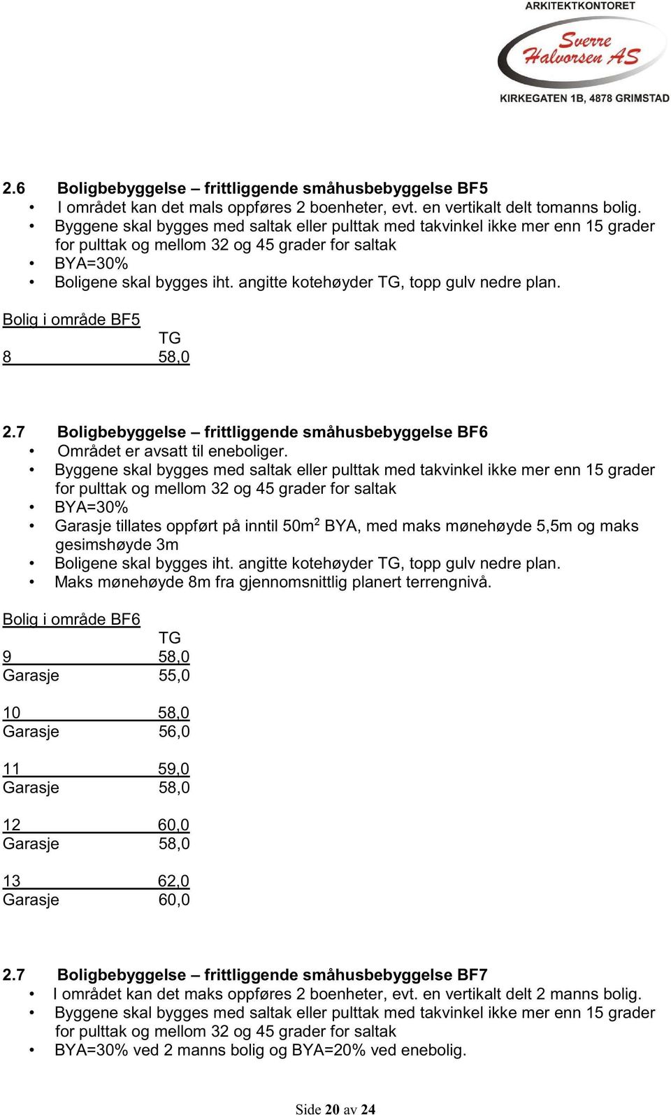 angitte kotehøyder TG, topp gulv nedre plan. Bolig i område BF5 TG 8 58,0 2.7 Boligbebyggelse frittliggende småhusbebyggelse BF6 Området er avsatt til eneboliger.