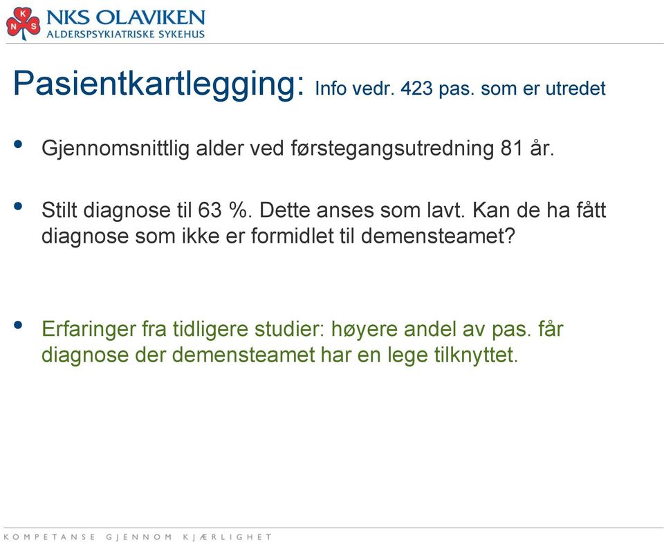 Stilt diagnose til 63 %. Dette anses som lavt.