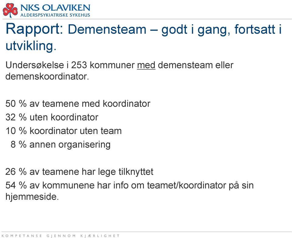 50 % av teamene med koordinator 32 % uten koordinator 10 % koordinator uten team 8