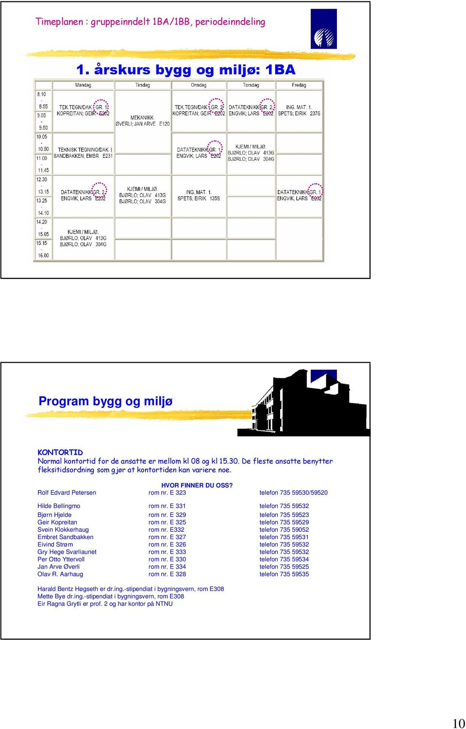 E 331 telefon 735 59532 Bjørn Hjelde rom nr. E 329 telefon 735 59523 Geir Kopreitan rom nr. E 325 telefon 735 59529 Svein Klokkerhaug rom nr. E332 telefon 735 59052 Embret Sandbakken rom nr.