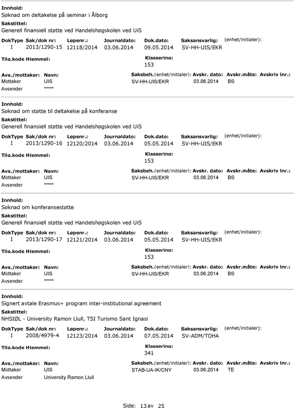 05.2014 V-HH-U/EKR 153 V-HH-U/EKR B nnhold: øknad om konferansestøtte Generell finansiell støtte ved Handelshøgskolen ved Ui 2013/1290-17 12121/2014 05.05.2014 V-HH-U/EKR 153