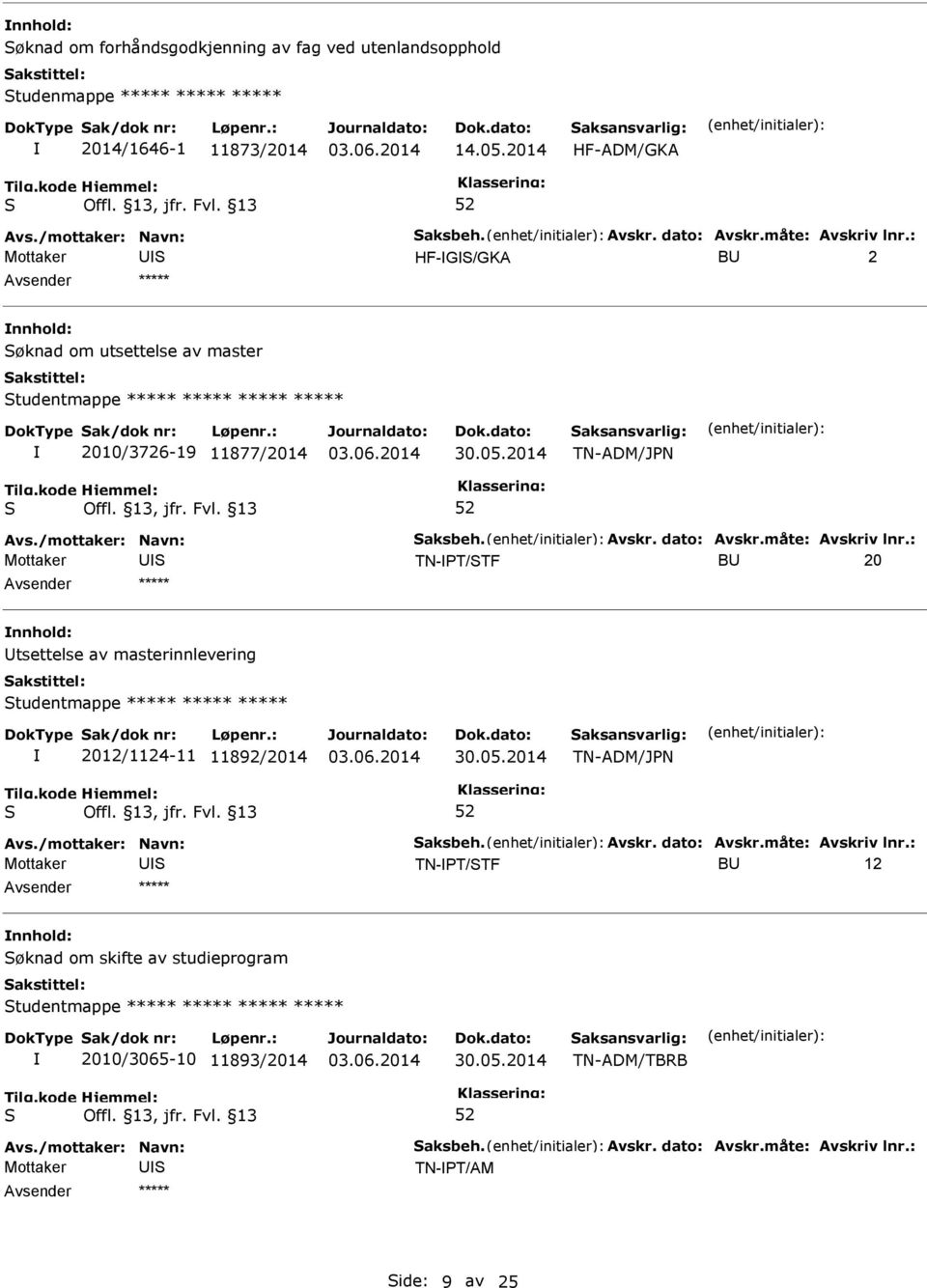 2014 TN-ADM/JN TN-T/TF BU 20 nnhold: Utsettelse av masterinnlevering tudentmappe ***** ***** ***** 2012/1124-11 11892/2014 30.05.