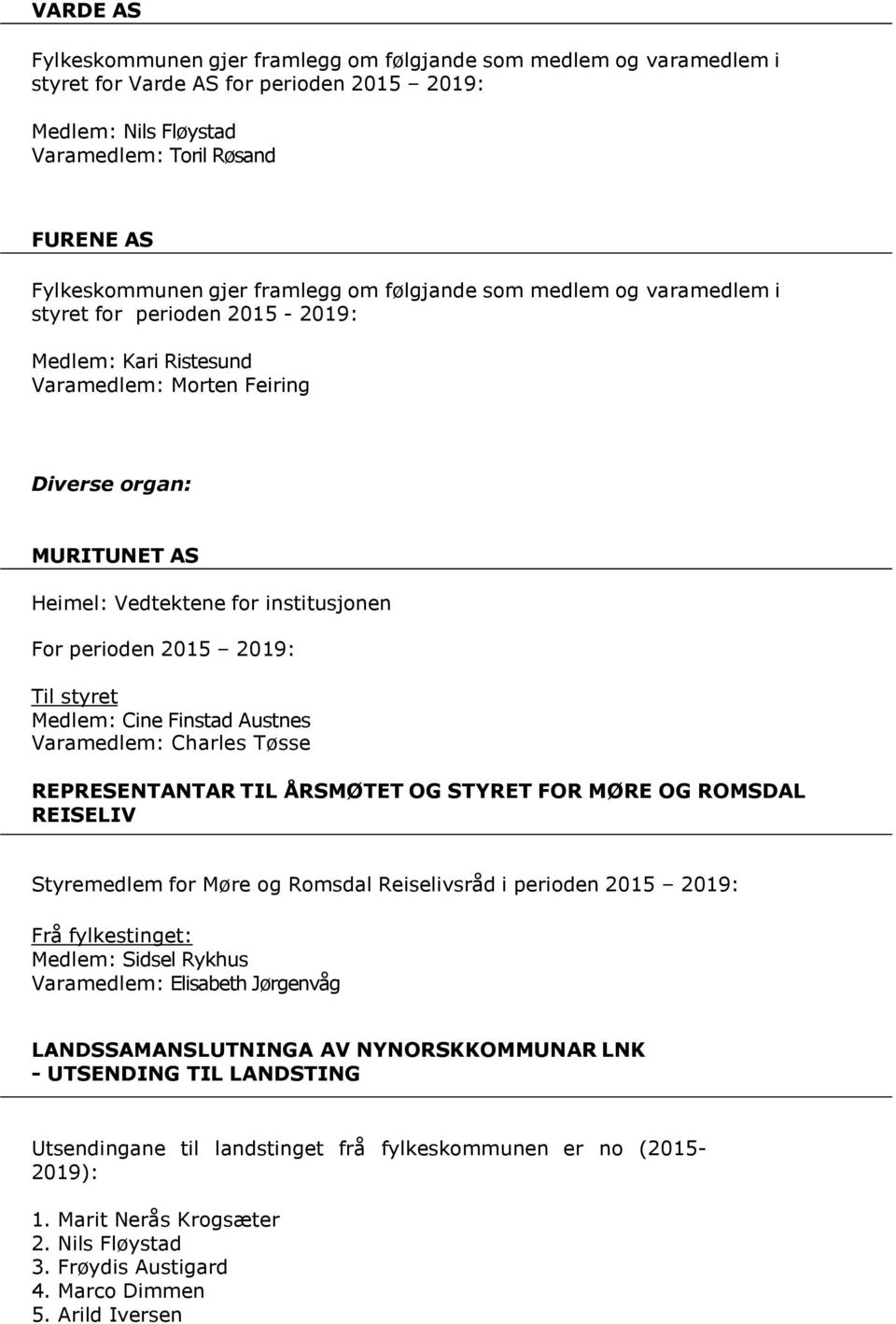 styret Medlem: Cine Finstad Austnes Varamedlem: Charles Tøsse REPRESENTANTAR TIL ÅRSMØTET OG STYRET FOR MØRE OG ROMSDAL REISELIV Styremedlem for Møre og Romsdal Reiselivsråd i perioden 2015 2019: Frå