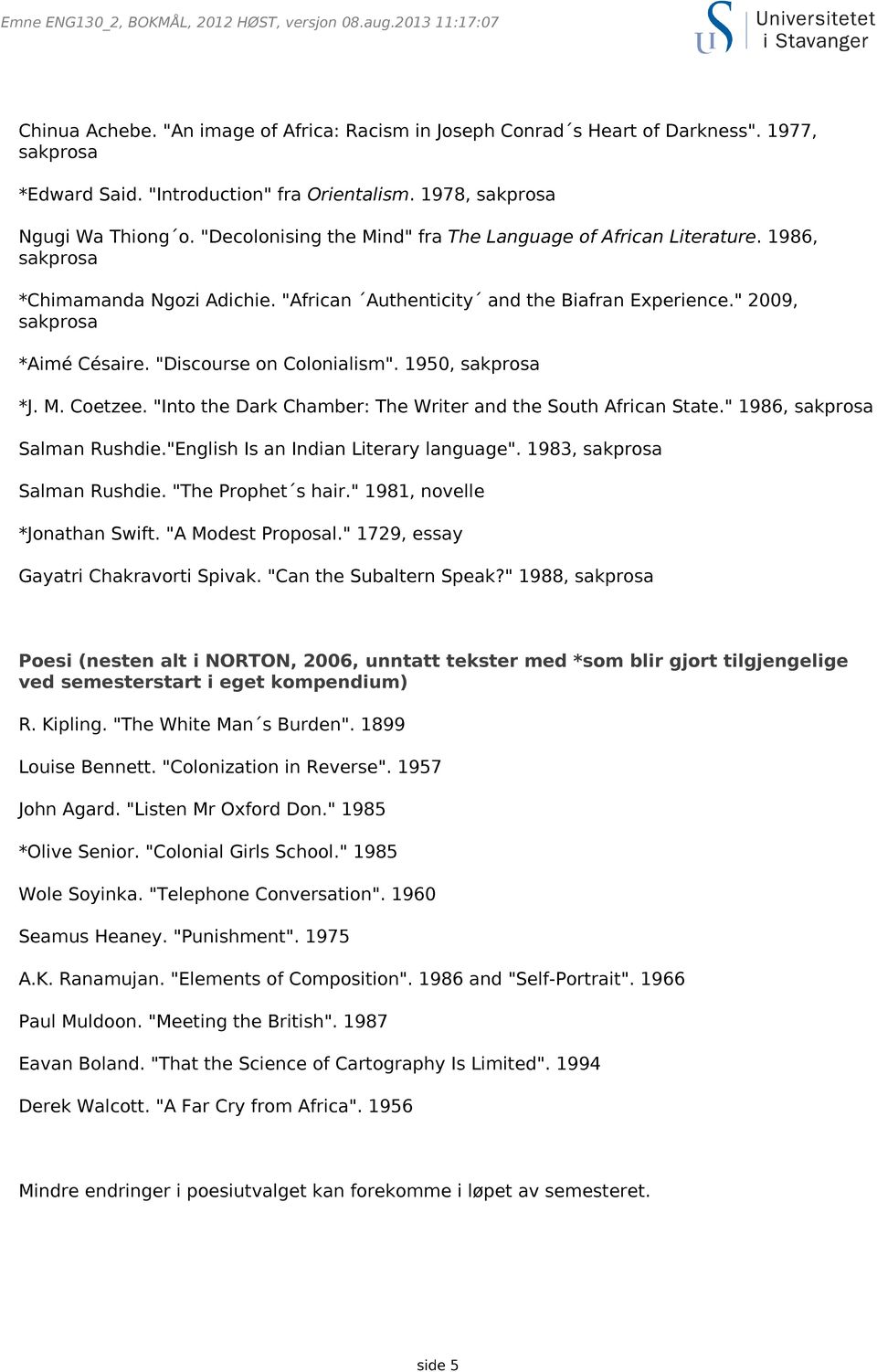 "African Authenticity and the Biafran Experience." 2009, sakprosa *Aimé Césaire. "Discourse on Colonialism". 1950, sakprosa *J. M. Coetzee.