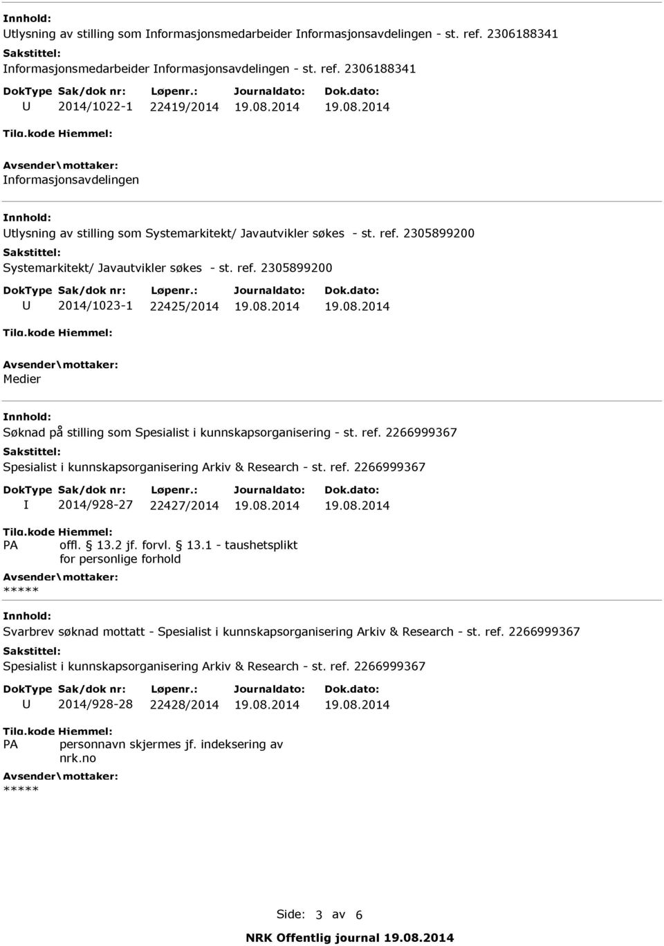 2306188341 2014/1022 1 22419/2014 Informasjonsavdelingen Utlysning av stilling som 2014/1023 1 22425/2014