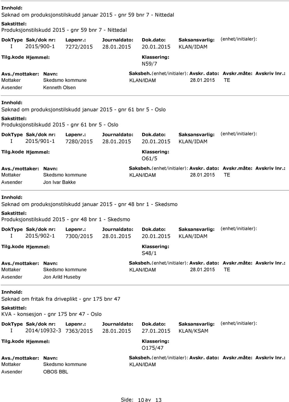 Jon var Bakke nnhold: Søknad om produksjonstilskudd januar 2015 - gnr 48 bnr 1 - Skedsmo Produksjonstilskudd 2015 - gnr 48 bnr 1 - Skedsmo 2015/902-1 7300/2015 KLAN/DAM S48/1 KLAN/DAM