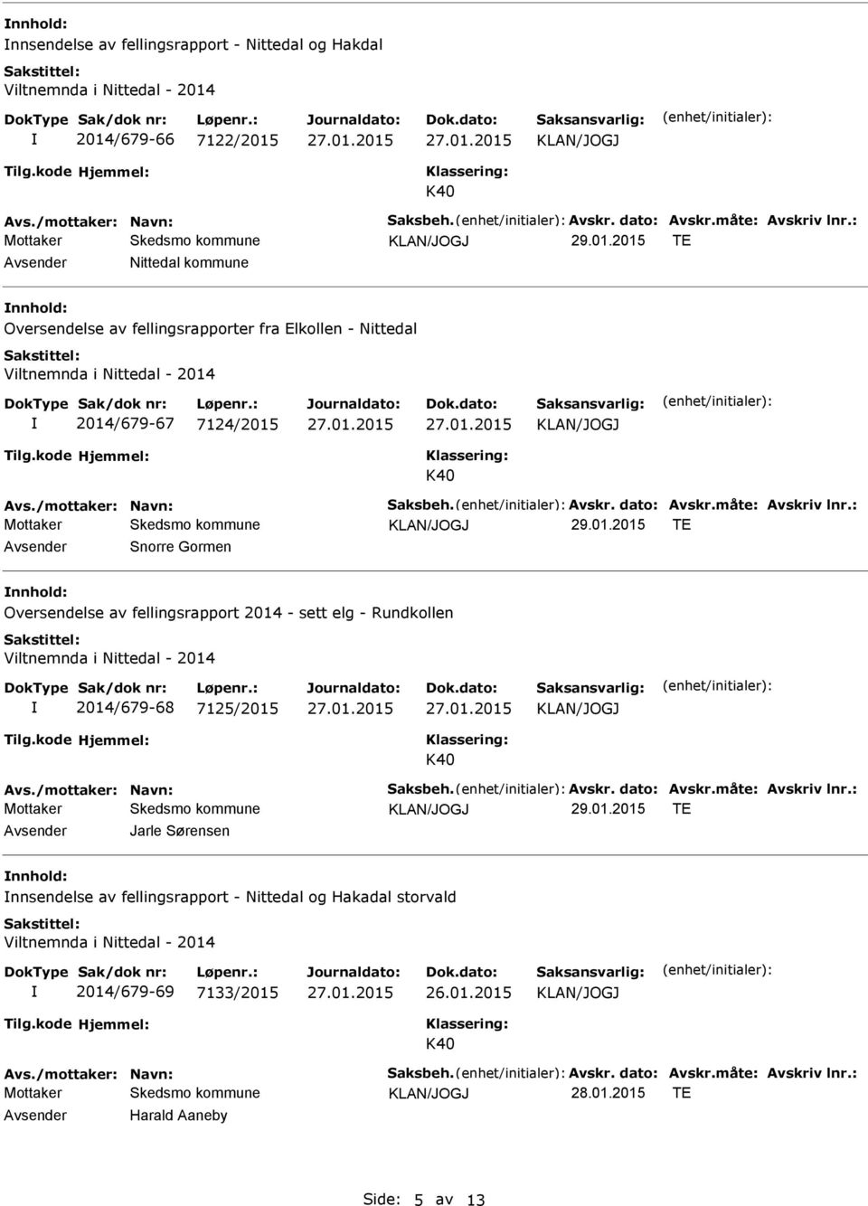 Oversendelse av fellingsrapport 2014 - sett elg - Rundkollen 2014/679-68 7125/2015 Avsender Jarle Sørensen nnhold: