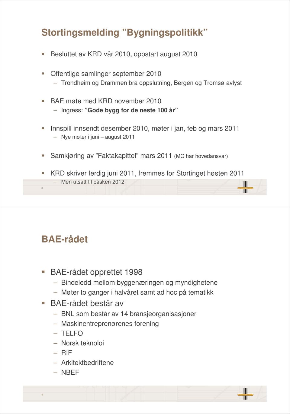 har hovedansvar) KRD skriver ferdig juni 2011, fremmes for Stortinget høsten 2011 Men utsatt til påsken 2012 3 BAE-rådet BAE-rådet opprettet 1998 Bindeledd mellom byggenæringen og myndighetene