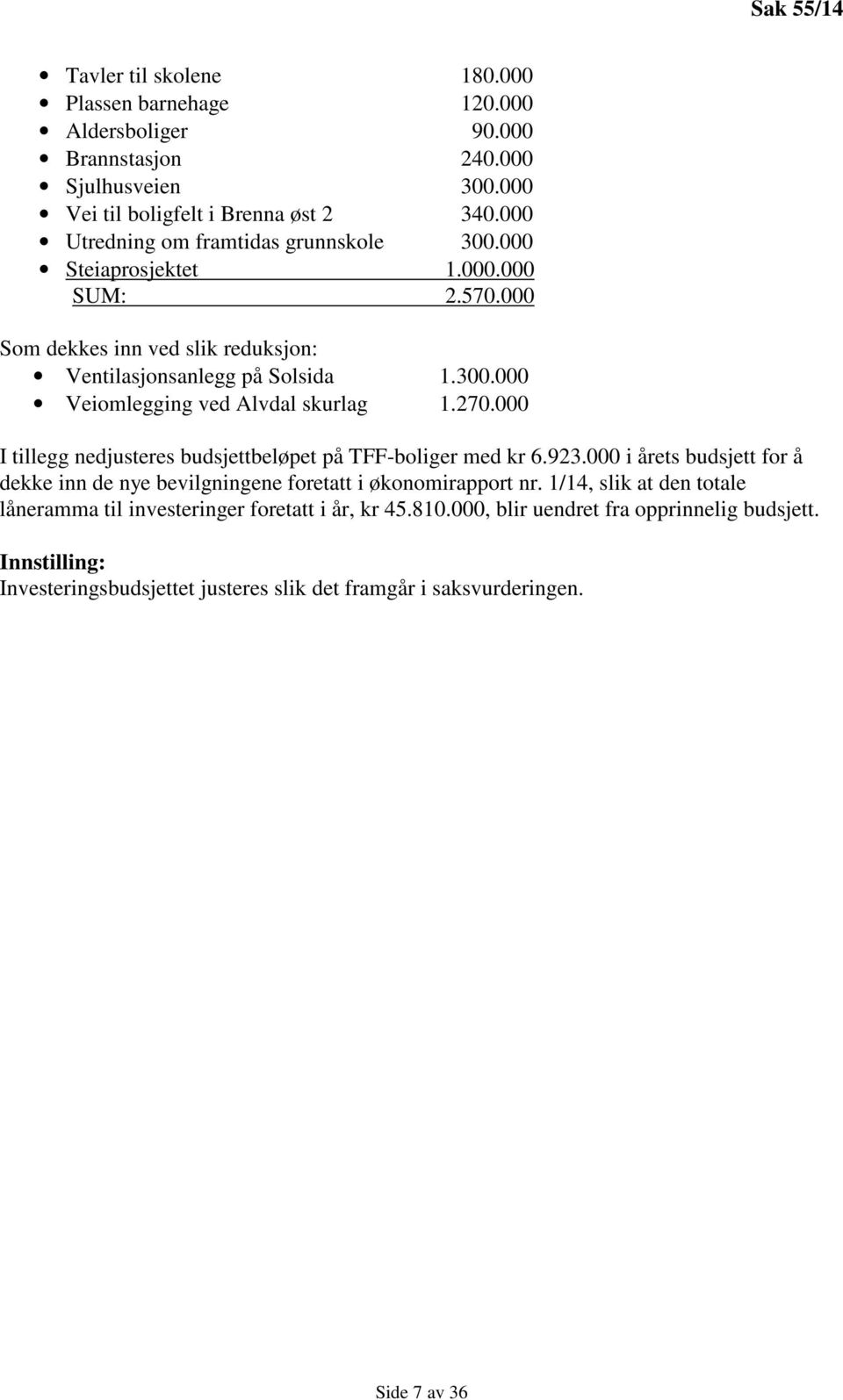 270.000 I tillegg nedjusteres budsjettbeløpet på TFF-boliger med kr 6.923.000 i årets budsjett for å dekke inn de nye bevilgningene foretatt i økonomirapport nr.