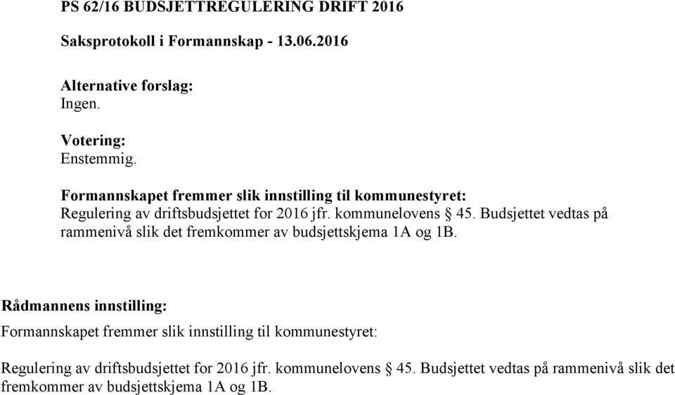 kommunelovens 45. Budsjettet vedtas på rammenivå slik det fremkommer av budsjettskjema 1A og 1B.