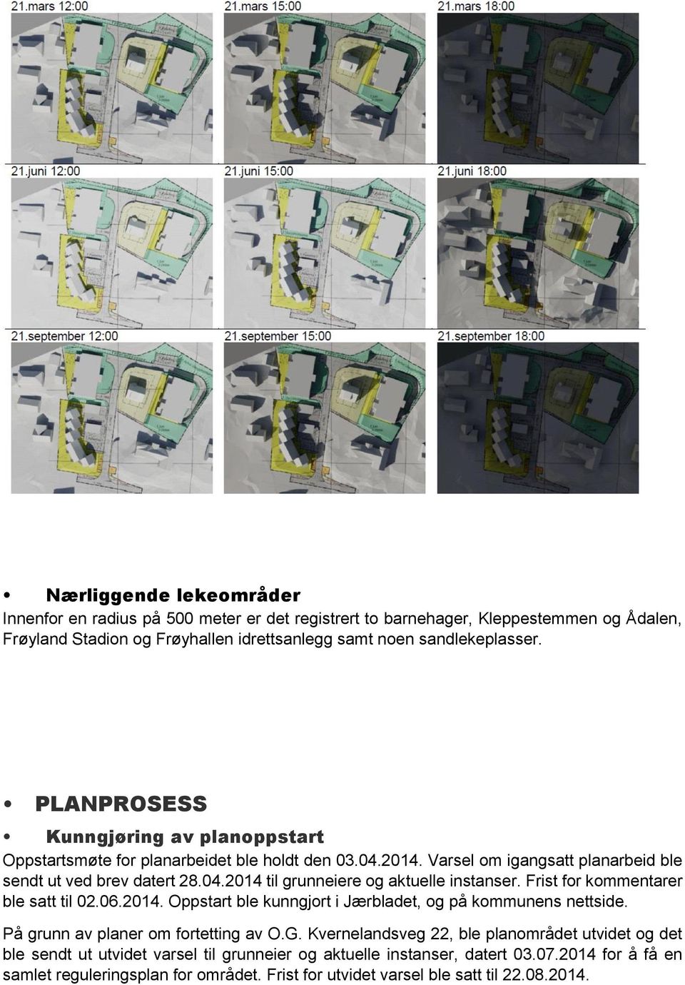 Frist for kommentarer ble satt til 02.06.2014. Oppstart ble kunngjort i Jærbladet, og på kommunens nettside. På grunn av planer om fortetting av O.G.