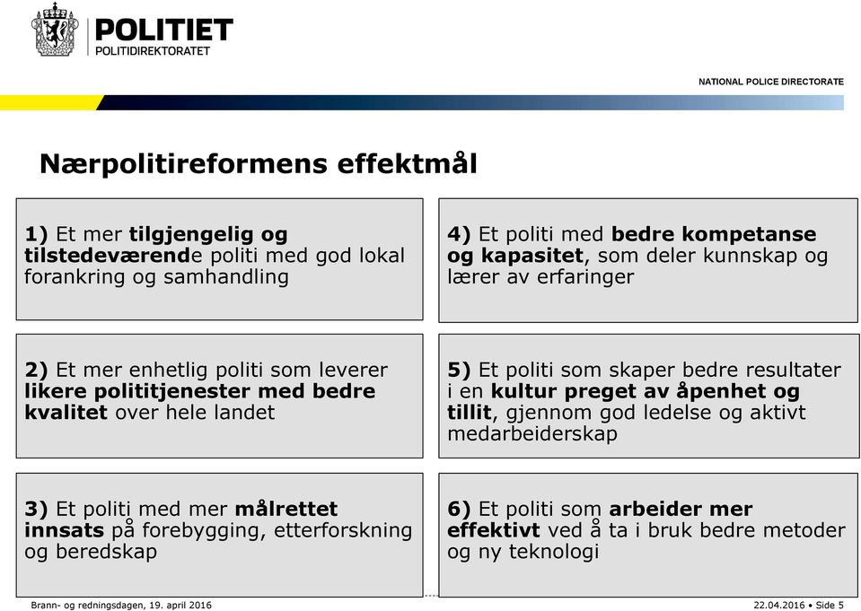 som skaper bedre resultater i en kultur preget av åpenhet og tillit, gjennom god ledelse og aktivt medarbeiderskap 3) Et politi med mer målrettet innsats på