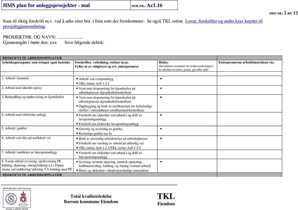 entreprenører Risiko (her påføres resultatet fra risikovurderingen i ht tabellen ovenfor; grønn, gul eller rød) Entreprenørens arbeidsinstrukser etc. 1.