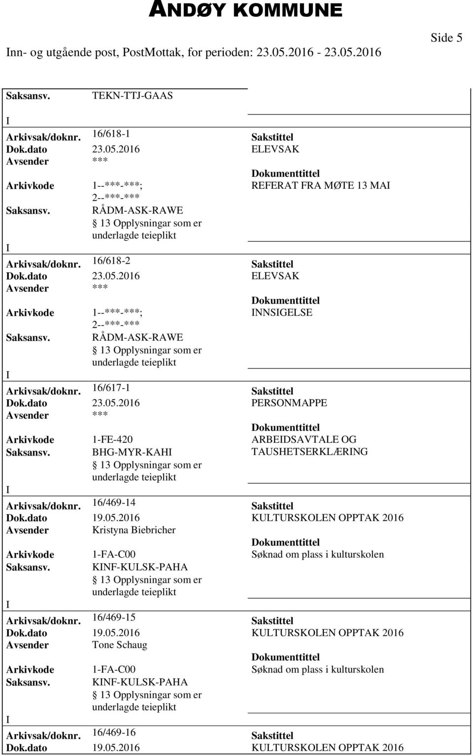 16/617-1 Sakstittel Arkivkode 1-FE-420 ARBEDSAVTALE OG Saksansv. BHG-MYR-KAH TASHETSERKLÆRNG Arkivsak/doknr. 16/469-14 Sakstittel Dok.dato 19.05.