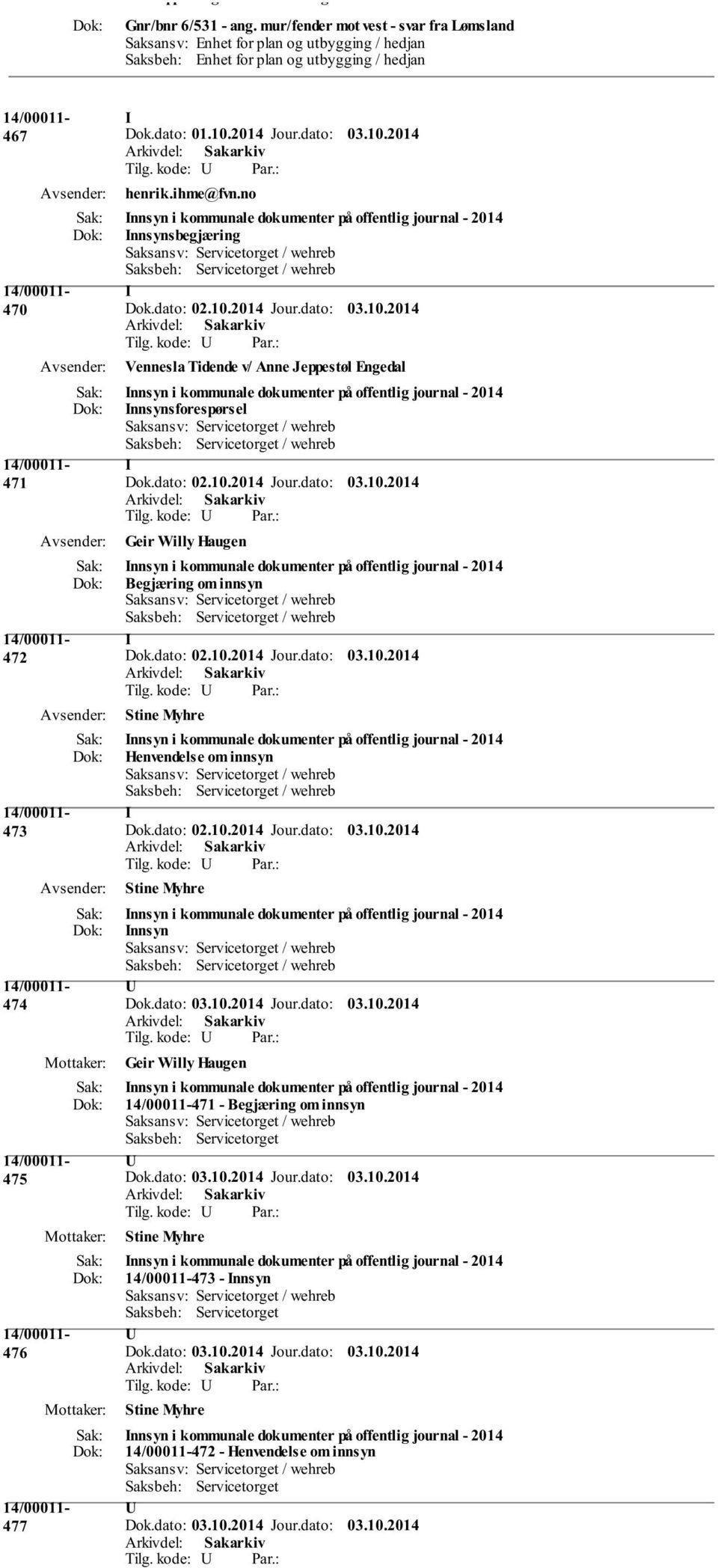 Willy Haugen nnsyn i kommunale dokumenter på offentlig journal - 2014 Begjæring om innsyn 473 Stine Myhre nnsyn i kommunale dokumenter på offentlig journal - 2014 Henvendelse om innsyn 474 Stine