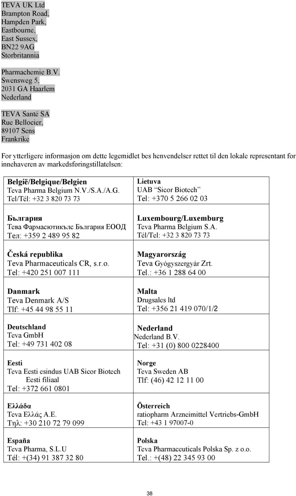 Tel/Tél: +32 3 820 73 73 България Тева Фармасютикълс България ЕООД Teл: +359 2 489 95 82 Česká republika Teva Pharmaceuticals CR, s.r.o.