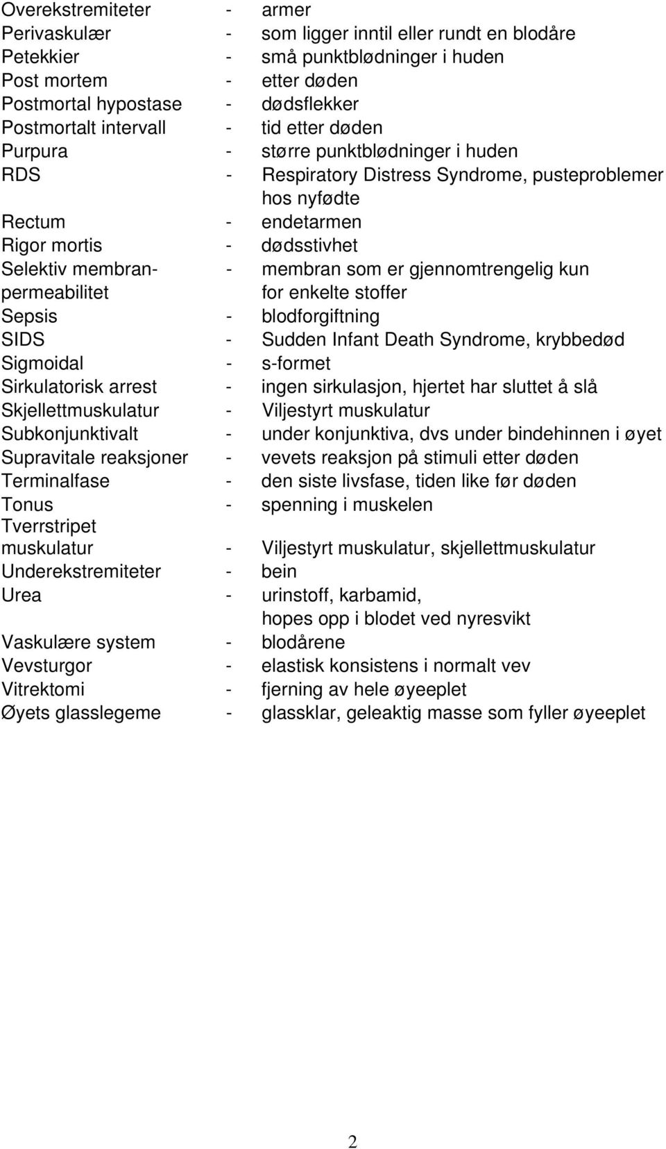 membran som er gjennomtrengelig kun permeabilitet for enkelte stoffer Sepsis - blodforgiftning SIDS - Sudden Infant Death Syndrome, krybbedød Sigmoidal - s-formet Sirkulatorisk arrest - ingen