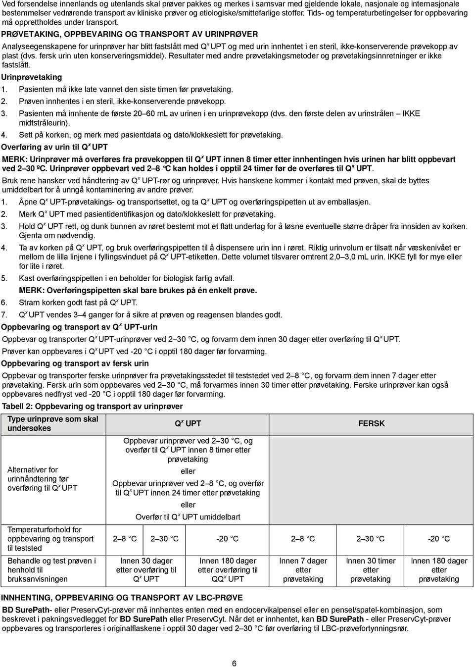 PRØVETAKING, OPPBEVARING OG TRANSPORT AV URINPRØVER Analyseegenskapene for urinprøver har blitt fastslått med Q x UPT og med urin innhentet i en steril, ikke-konserverende prøvekopp av plast (dvs.