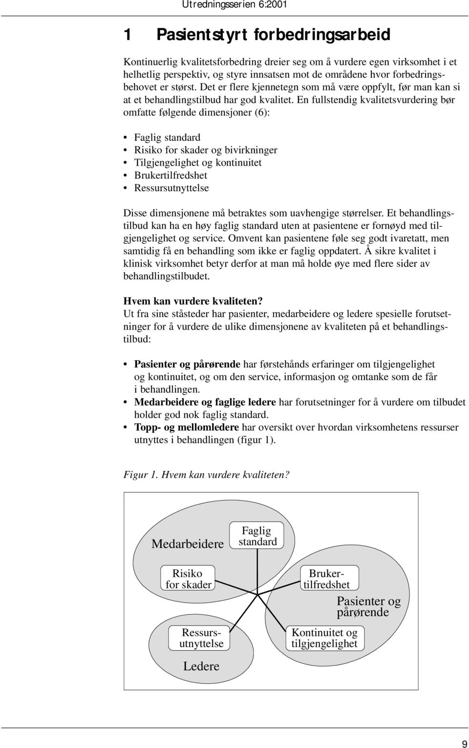 En fullstendig kvalitetsvurdering bør omfatte følgende dimensjoner (6): Faglig standard Risiko for skader og bivirkninger Tilgjengelighet og kontinuitet Brukertilfredshet Ressursutnyttelse Disse