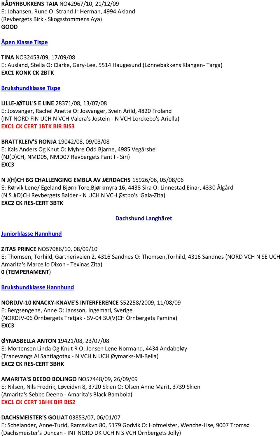 UCH N VCH Valera's Jostein - N VCH Lorckebo's Ariella) CK CERT 1BTK BIR BIS3 BRATTKLEIV'S RONJA 19042/08, 09/03/08 E: Kals Anders Og Knut O: Myhre Odd Bjarne, 4985 Vegårshei (NJ(D)CH, NMD05, NMD07