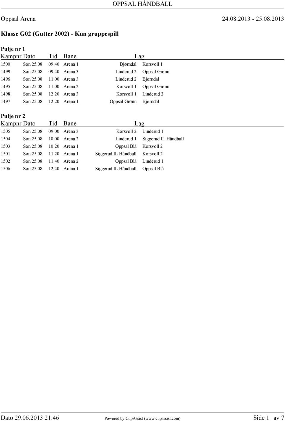 08 12:20 Arena 1 Oppsal Grønn Bjørndal 1505 Søn 25.08 09:00 Arena 3 Korsvoll 2 Linderud 1 1504 Søn 25.08 10:00 Arena 2 Linderud 1 Siggerud IL Håndball 1503 Søn 25.