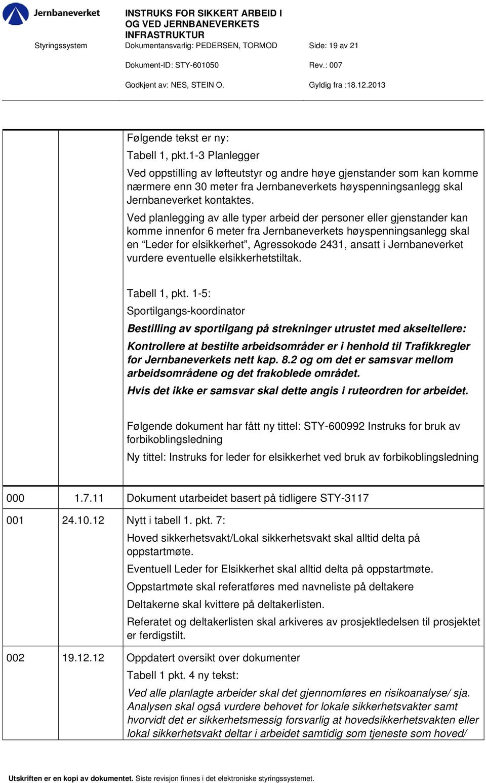 Ved planlegging av alle typer arbeid der personer eller gjenstander kan komme innenfor 6 meter fra Jernbaneverkets høyspenningsanlegg skal en Leder for elsikkerhet, Agressokode 2431, ansatt i