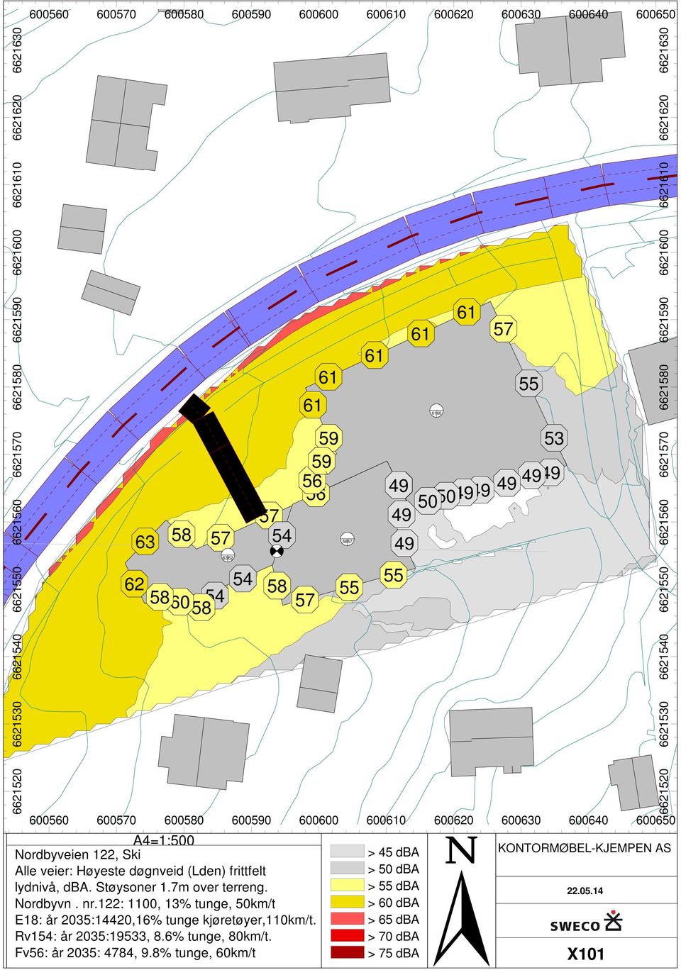 Nordbyvn. nr.122: 1100, 13% tunge, 50km/t E18: år 2035:120,16% tunge kjøretøyer,110km/t. Rv154: år 2035:19533, 8.6% tunge, 80km/t.