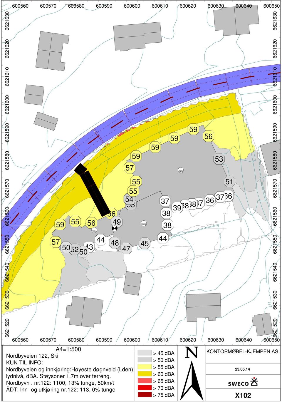 lydnivå, dba. Støysoner 1.7m over terreng. Nordbyvn. nr.
