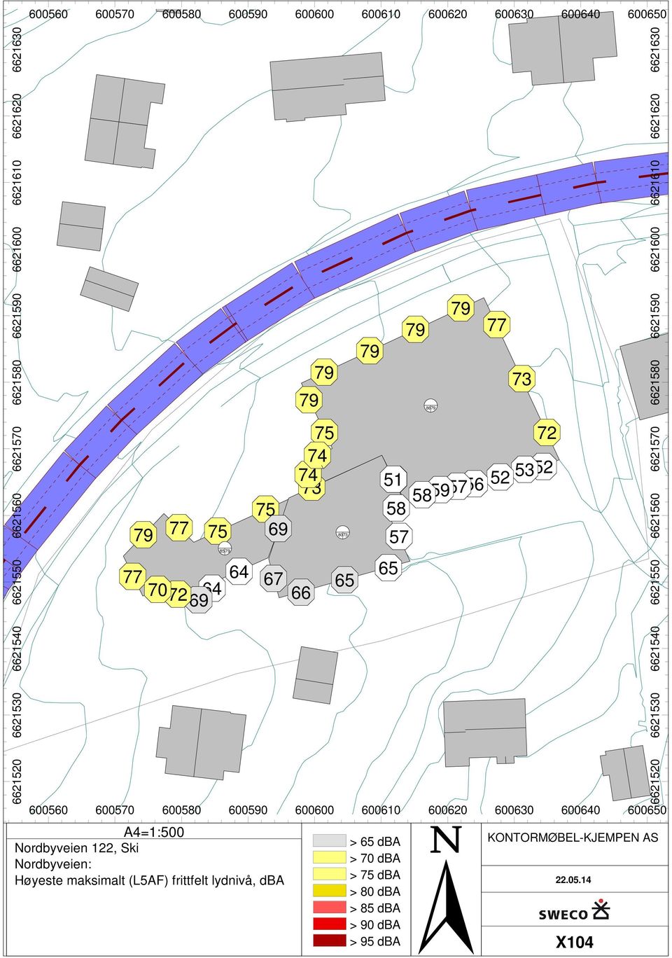 A4=1:500 Nordbyveien: Høyeste maksimalt (L5AF) frittfelt lydnivå, dba > 65 dba > 70