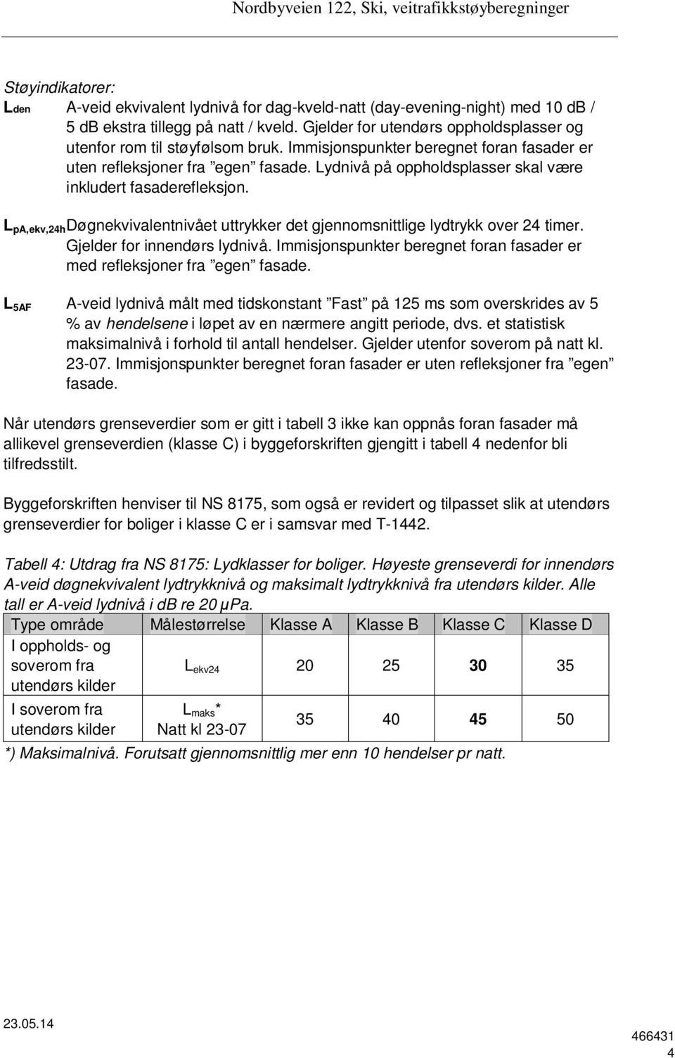 Lydnivå på oppholdsplasser skal være inkludert fasaderefleksjon. L pa,ekv,24h Døgnekvivalentnivået uttrykker det gjennomsnittlige lydtrykk over 24 timer. Gjelder for innendørs lydnivå.