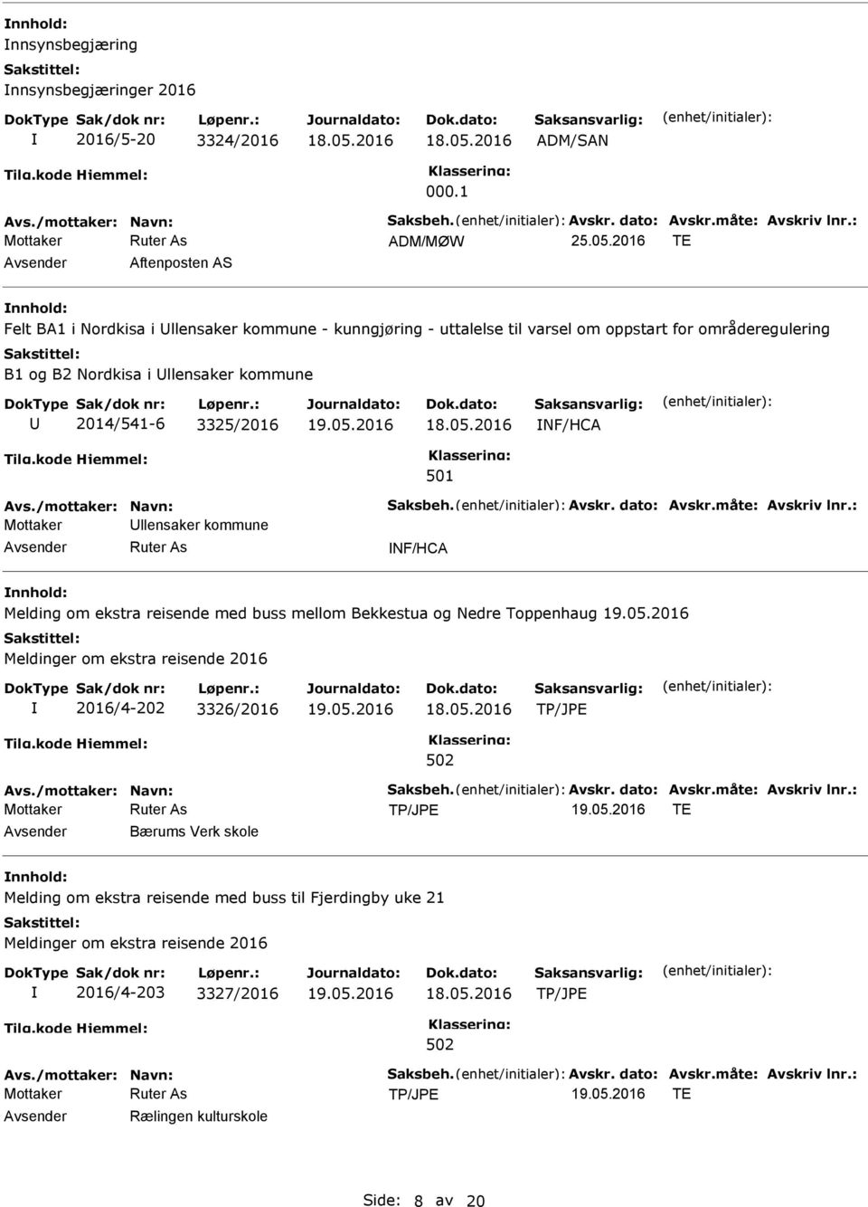 2014/541-6 3325/2016 NF/HCA Avs./mottaker: Navn: Saksbeh. Avskr. dato: Avskr.måte: Avskriv lnr.