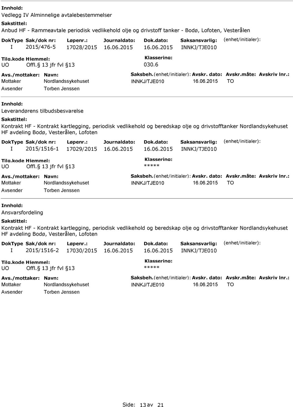 : NNKJ/TJE010 TO Torben Jenssen Leverandørens tilbudsbesvarelse Kontrakt HF - Kontrakt kartlegging, periodisk vedlikehold og beredskap olje og drivstofftanker Nordlandsykehuset HF avdeling Bodø,