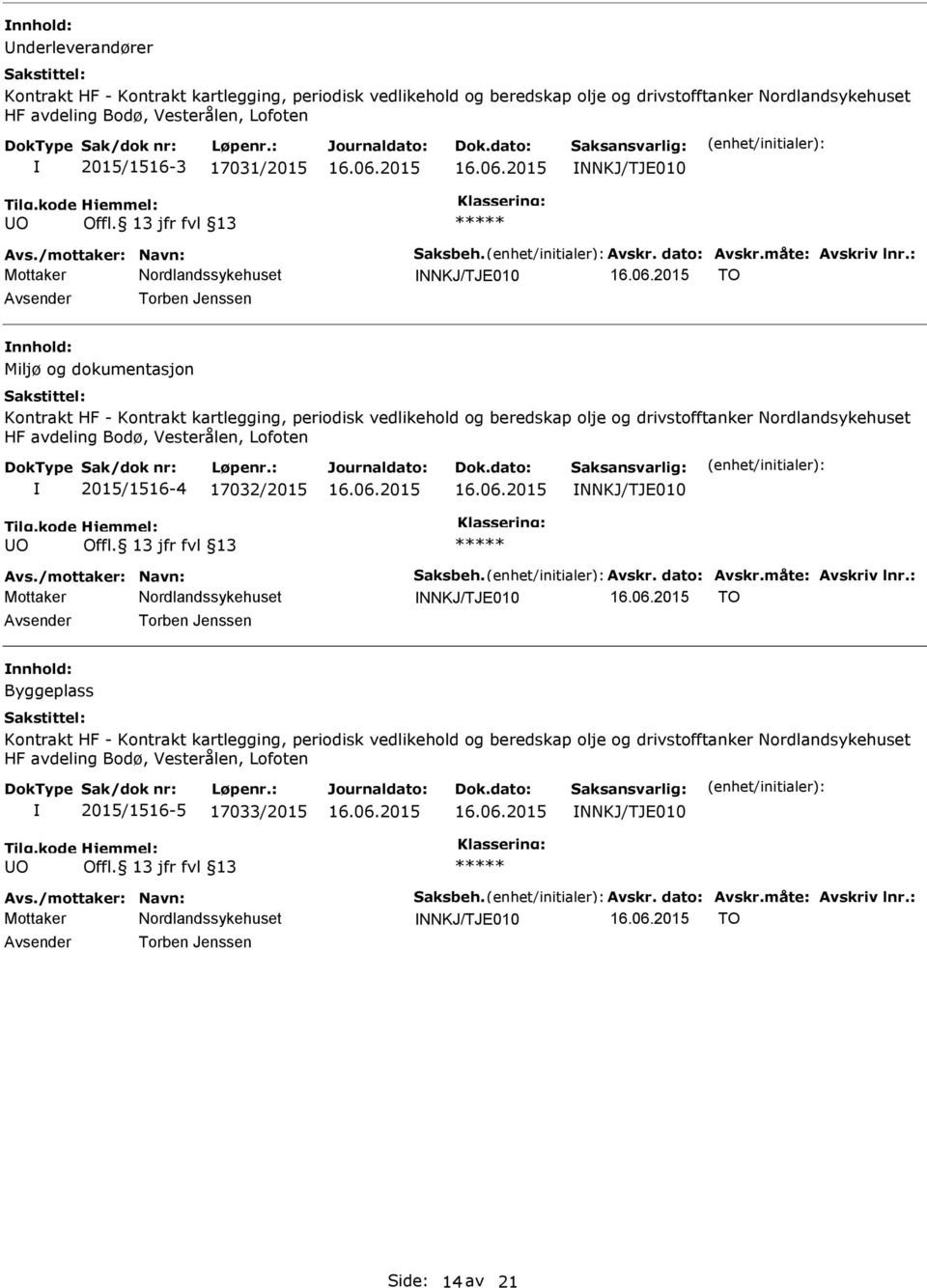 : NNKJ/TJE010 TO Torben Jenssen Miljø og dokumentasjon Kontrakt HF - Kontrakt kartlegging, periodisk vedlikehold og beredskap olje og drivstofftanker Nordlandsykehuset HF avdeling Bodø, Vesterålen,