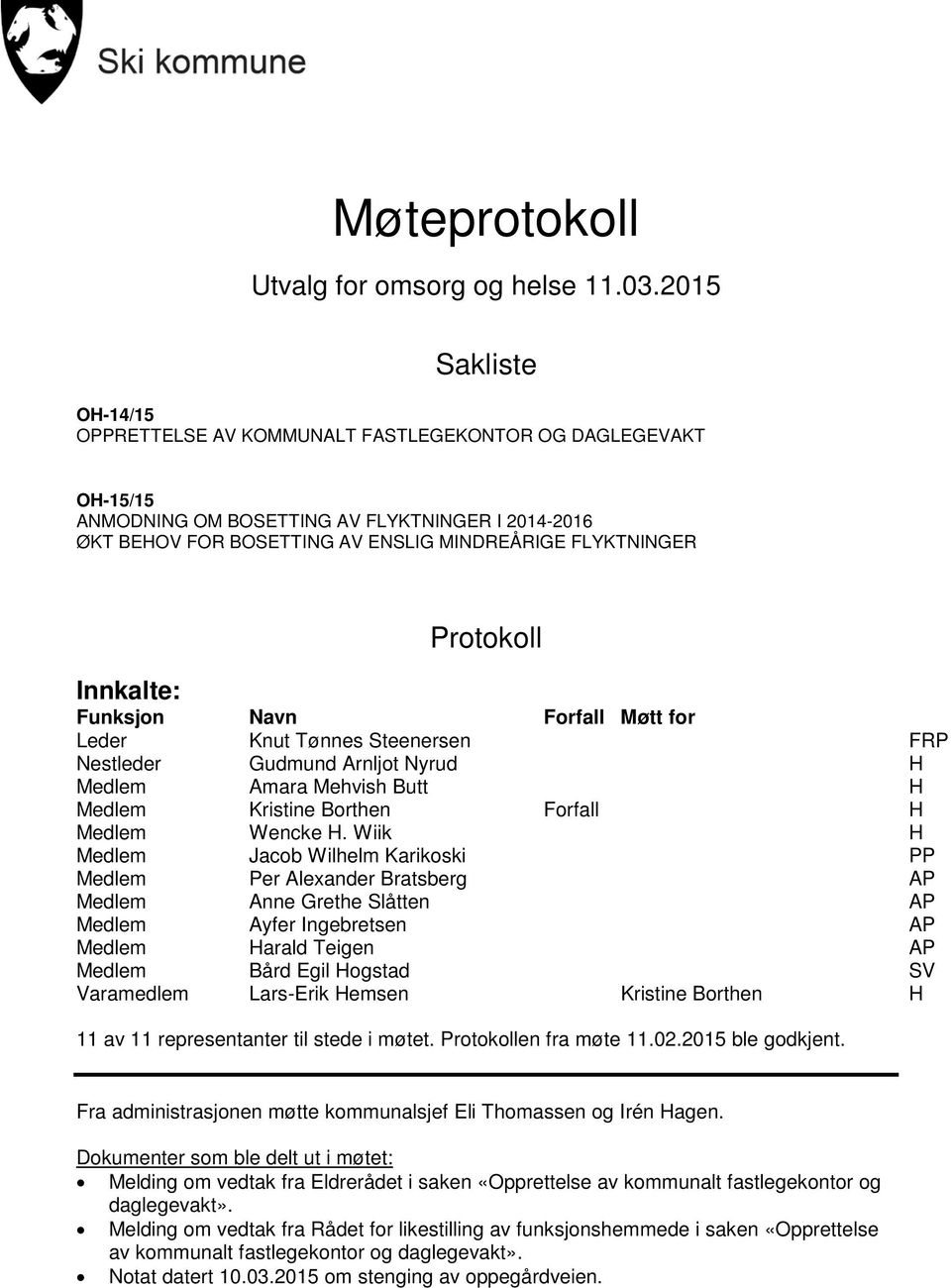 Protokoll Innkalte: Funksjon Navn Forfall Møtt for Leder Knut Tønnes Steenersen FRP Nestleder Gudmund Arnljot Nyrud H Medlem Amara Mehvish Butt H Medlem Kristine Borthen Forfall H Medlem Wencke H.