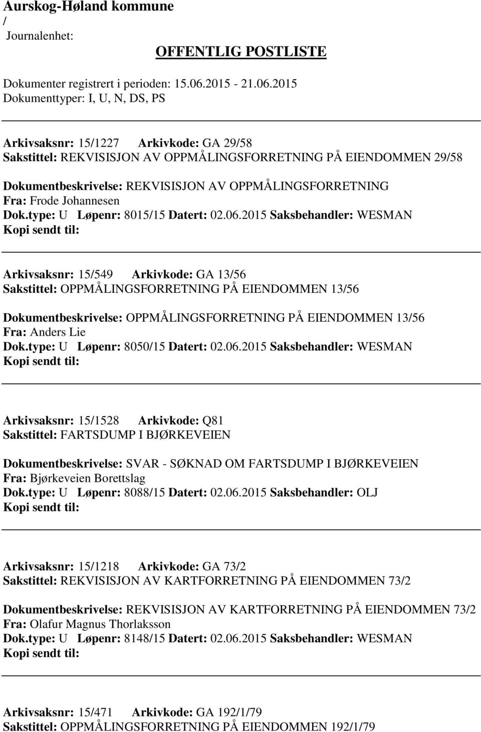 2015 Saksbehandler: WESMAN Arkivsaksnr: 15549 Arkivkode: GA 1356 Sakstittel: OPPMÅLINGSFORRETNING PÅ EIENDOMMEN 1356 Dokumentbeskrivelse: OPPMÅLINGSFORRETNING PÅ EIENDOMMEN 1356 Fra: Anders Lie Dok.