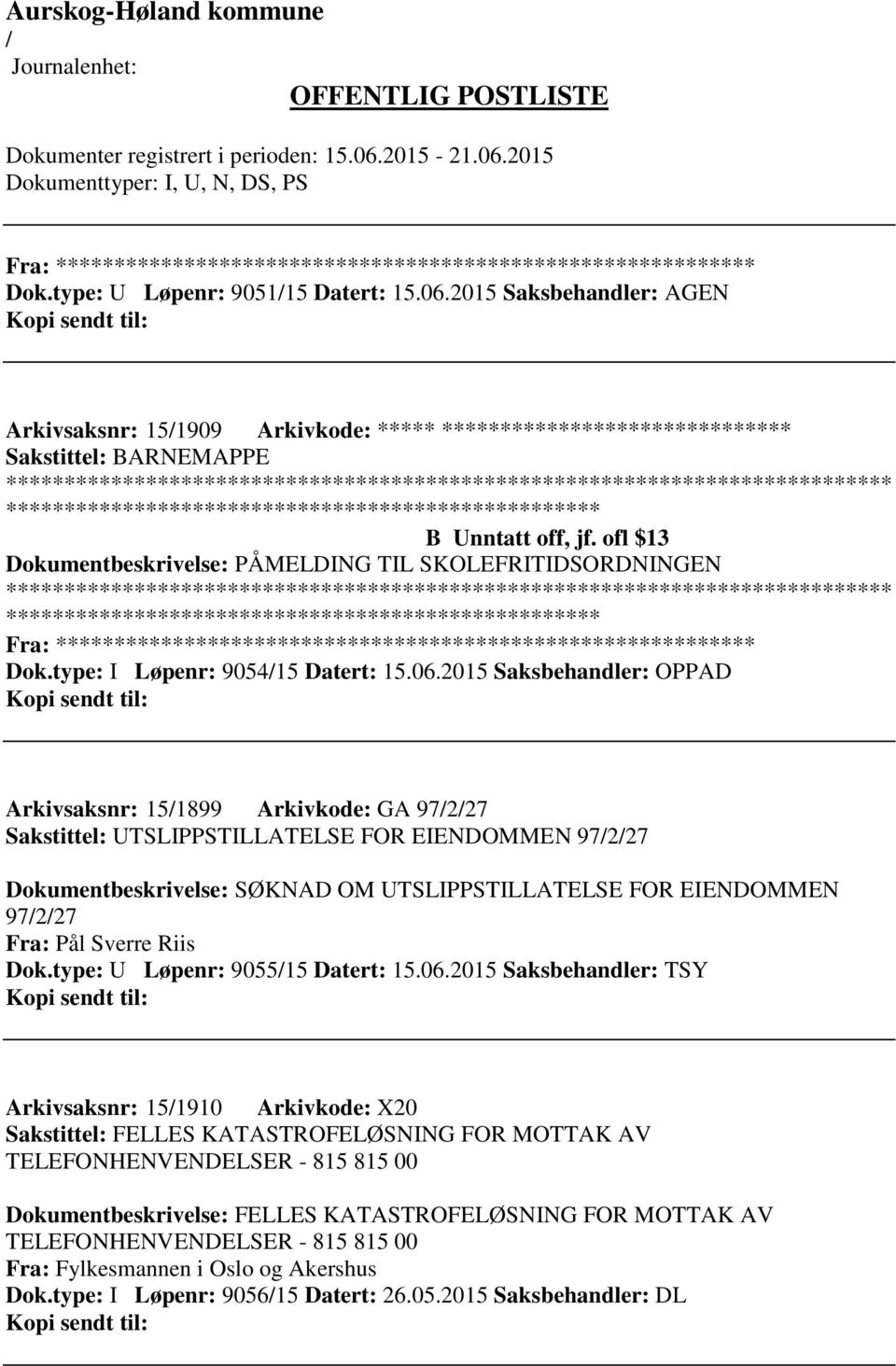 2015 Saksbehandler: OPPAD Arkivsaksnr: 151899 Arkivkode: GA 97227 Sakstittel: UTSLIPPSTILLATELSE FOR EIENDOMMEN 97227 Dokumentbeskrivelse: SØKNAD OM UTSLIPPSTILLATELSE FOR EIENDOMMEN 97227 Fra: Pål