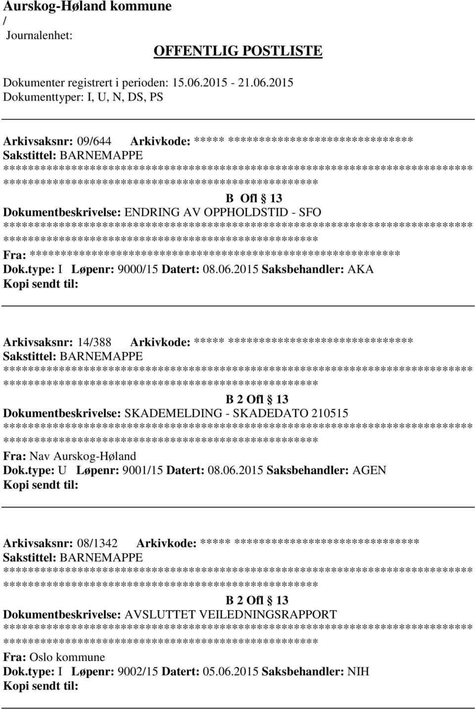 2015 Saksbehandler: AKA Arkivsaksnr: 14388 Arkivkode: ***** ****************************** ************************* B 2 Ofl 13 Dokumentbeskrivelse: SKADEMELDING - SKADEDATO 210515