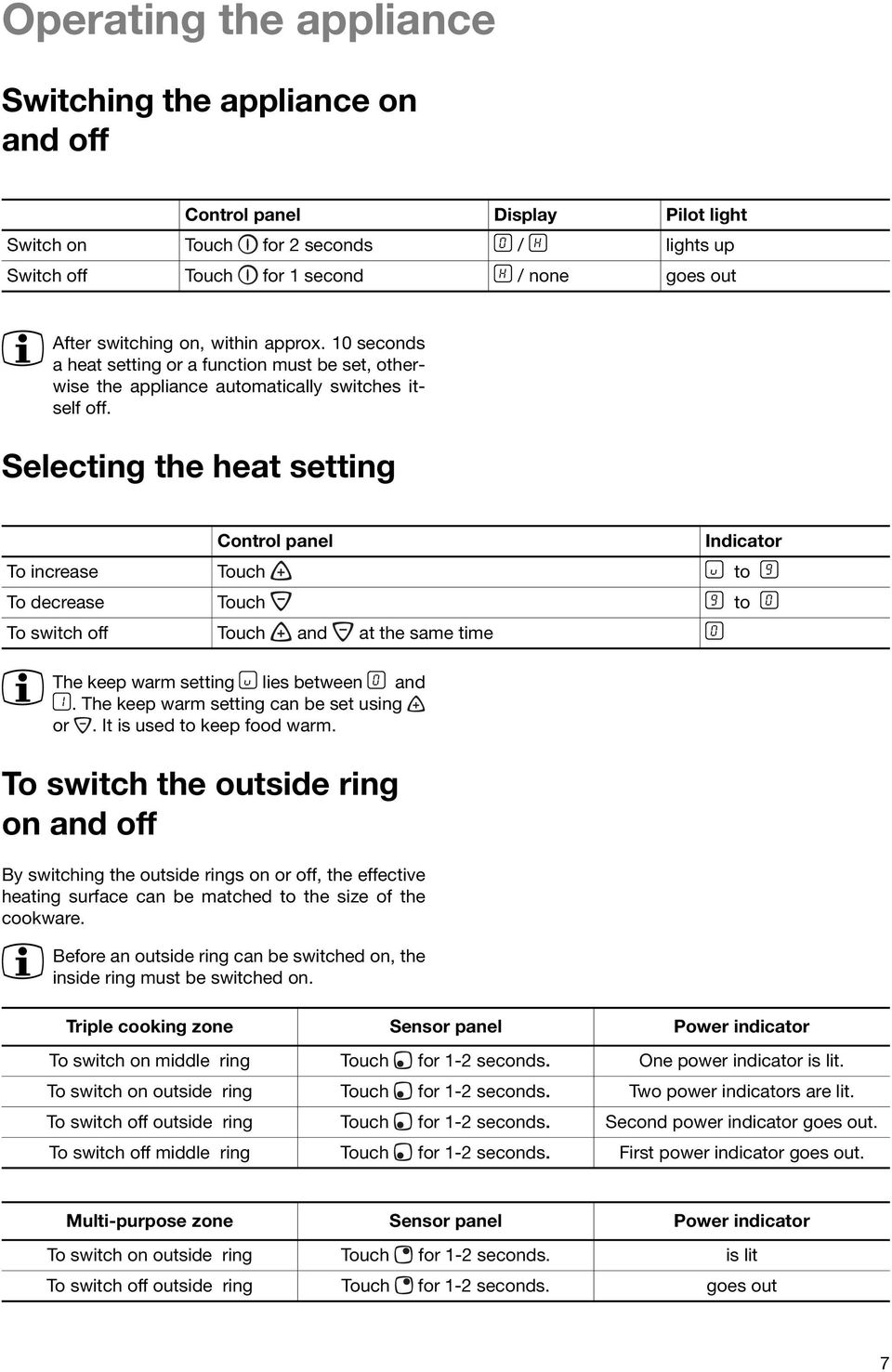 Selecting the heat setting Control panel Indicator To increase Touch u to Ç To decrease Touch Ç to ¾ To switch off Touch and at the same time ¾ 3 The keep warm setting u lies between ¾ and.