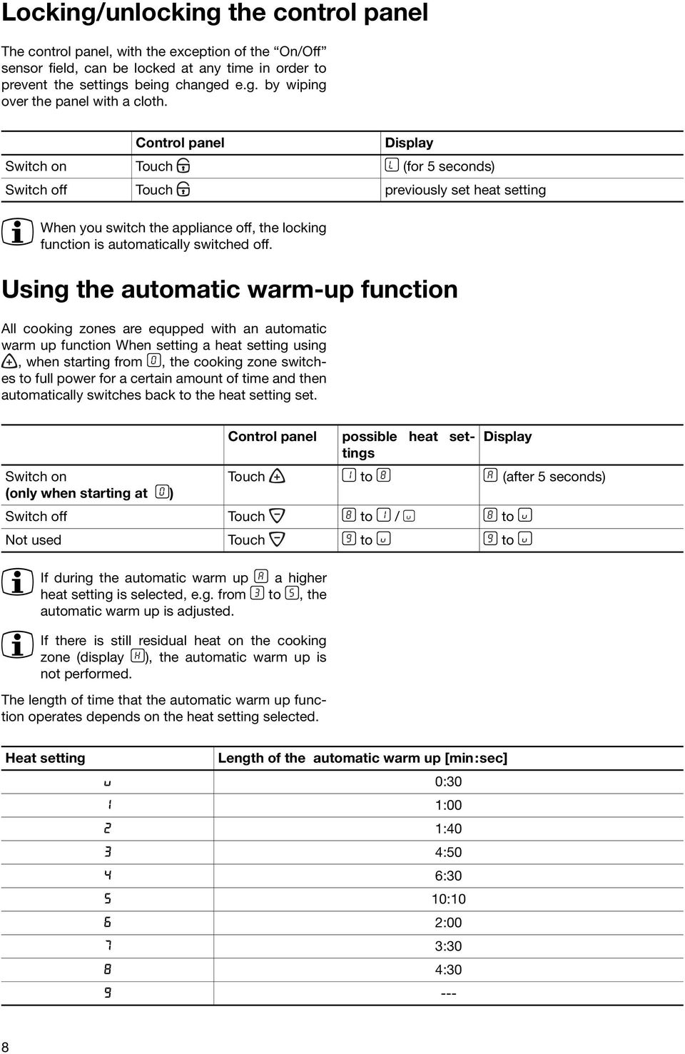 Using the automatic warm-up function All cooking zones are equpped with an automatic warm up function When setting a heat setting using, when starting from ¾, the cooking zone switches to full power