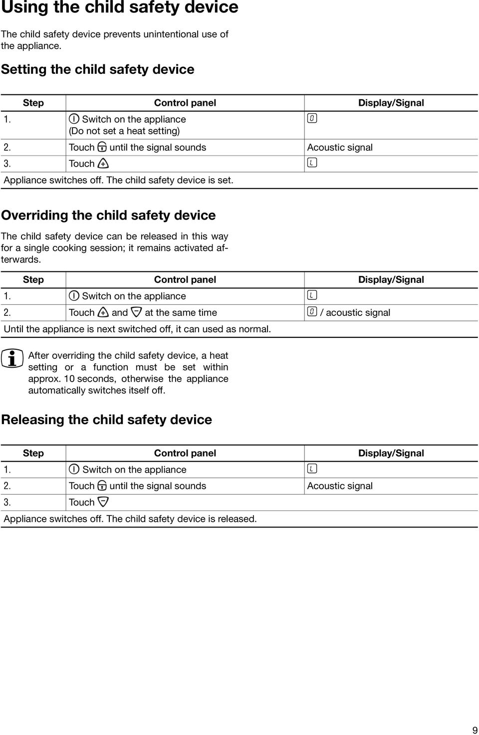 Overriding the child safety device The child safety device can be released in this way for a single cooking session; it remains activated afterwards. Step Control panel Display/Signal 1.
