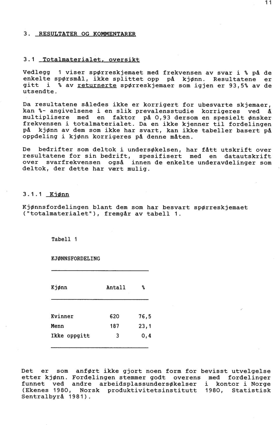 Da res ul tatene således ikke er korrigert for ubesvarte skjemaer, kan %- angivelsene i en slik prevalensstudie korrigeres ved å mul tiplisere med en faktor på 0,93 dersom en spesielt ønsker