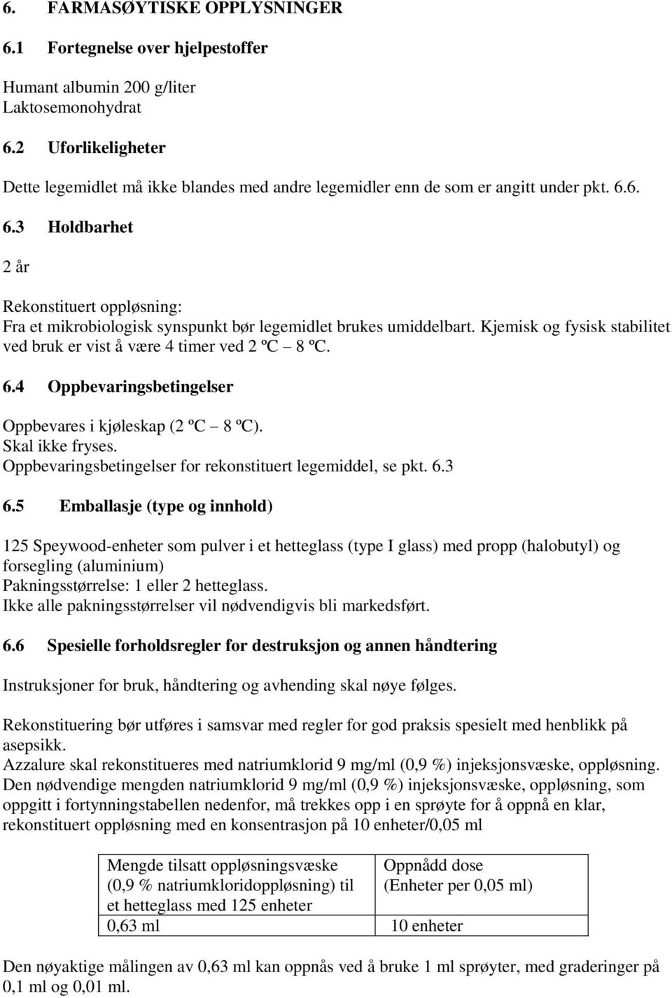 6. 6.3 Holdbarhet 2 år Rekonstituert oppløsning: Fra et mikrobiologisk synspunkt bør legemidlet brukes umiddelbart. Kjemisk og fysisk stabilitet ved bruk er vist å være 4 timer ved 2 ºC 8 ºC. 6.4 Oppbevaringsbetingelser Oppbevares i kjøleskap (2 ºC 8 ºC).