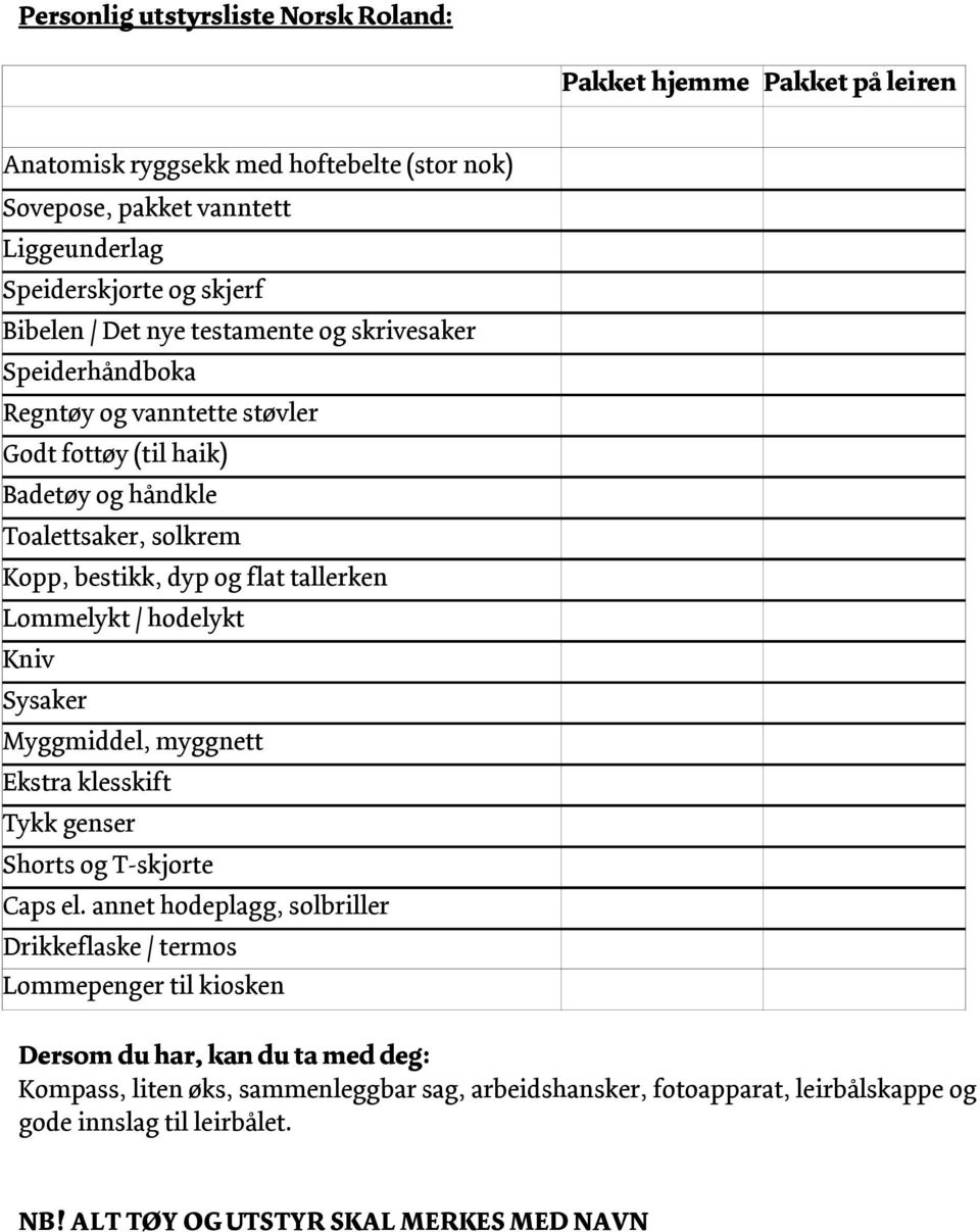 Lommelykt / hodelykt Kniv Sysaker Myggmiddel, myggnett Ekstra klesskift Tykk genser Shorts og T-skjorte Caps el.