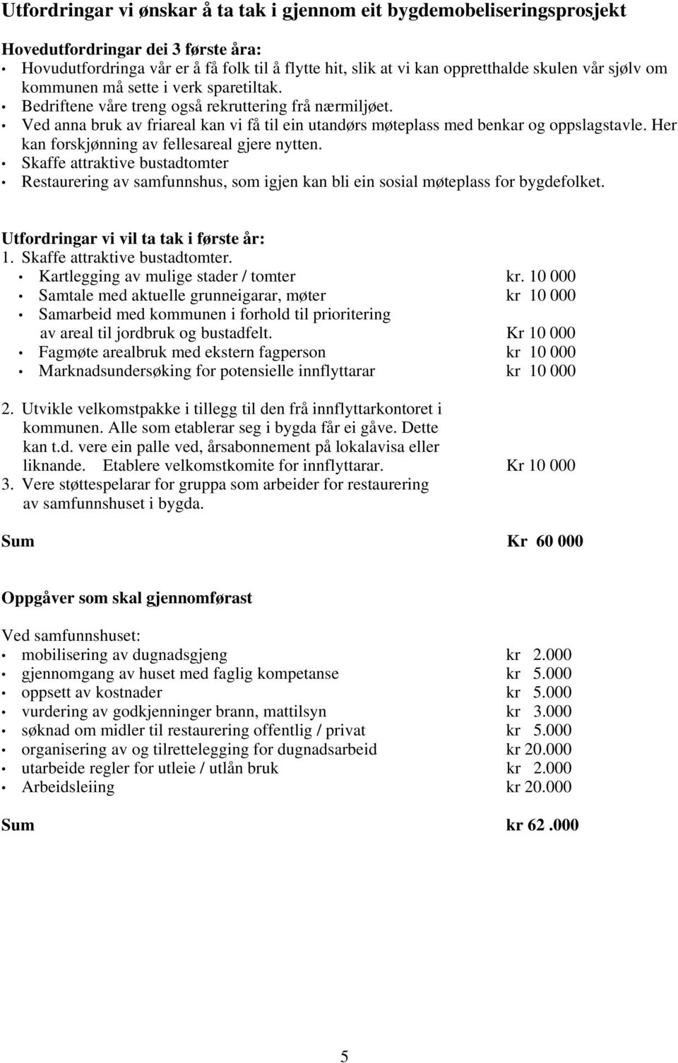 Her kan forskjønning av fellesareal gjere nytten. Skaffe attraktive bustadtomter Restaurering av samfunnshus, som igjen kan bli ein sosial møteplass for bygdefolket.